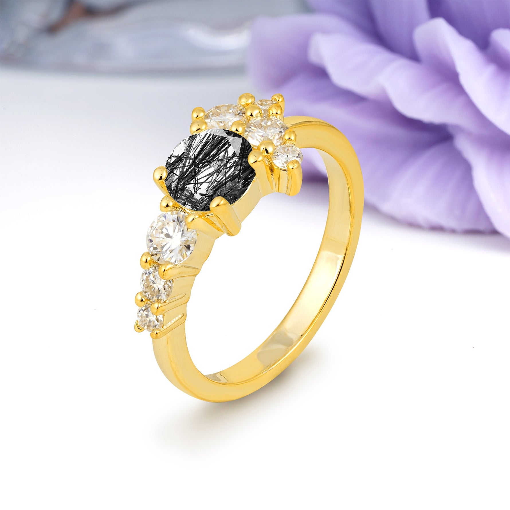 Unique and Luxurious 4-Prong Round Cut Black Rutilated Quartz Engagement Ring - Additional view