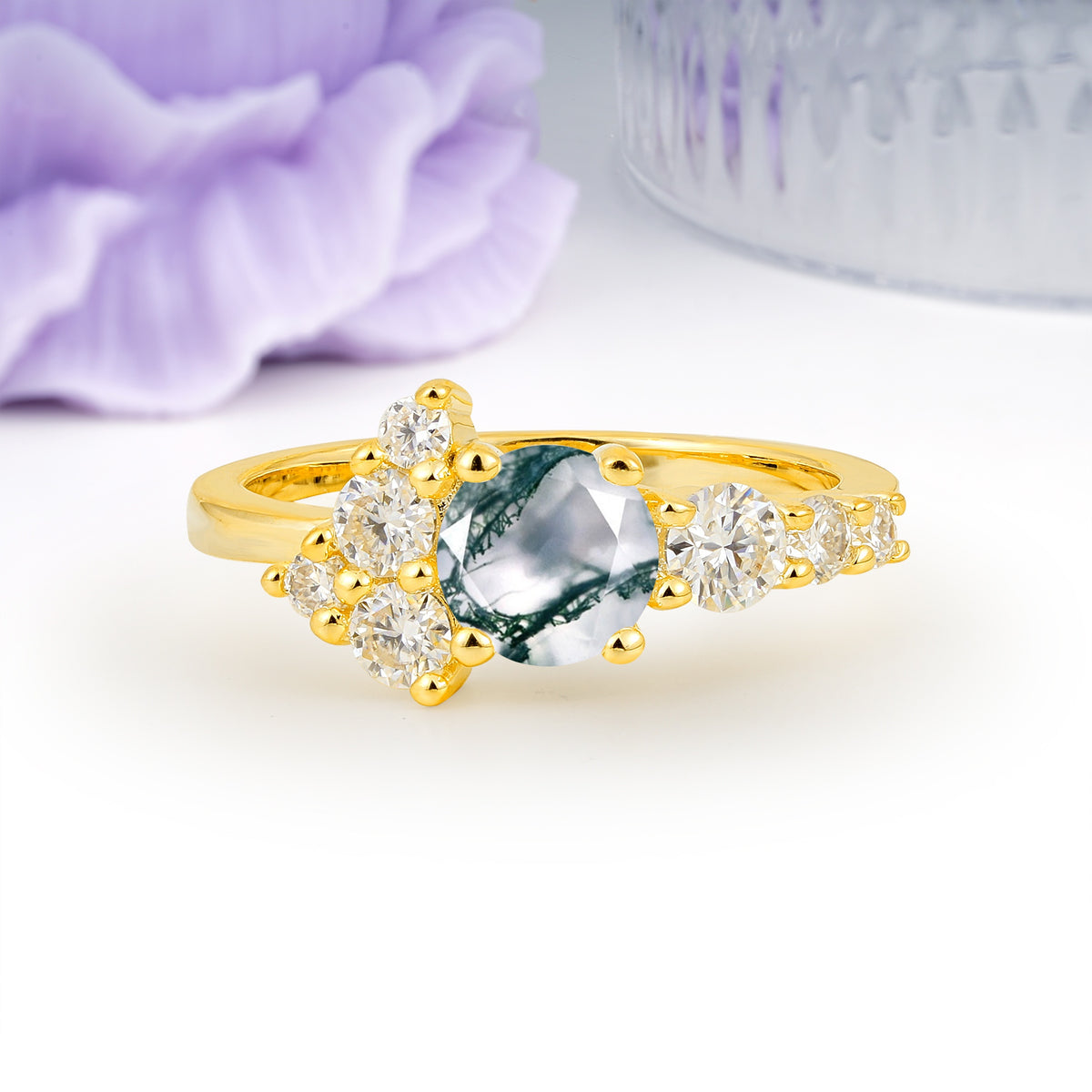 Unique and Luxurious 4-Prong Round Cut Moss Agate Engagement Ring - Additional view
