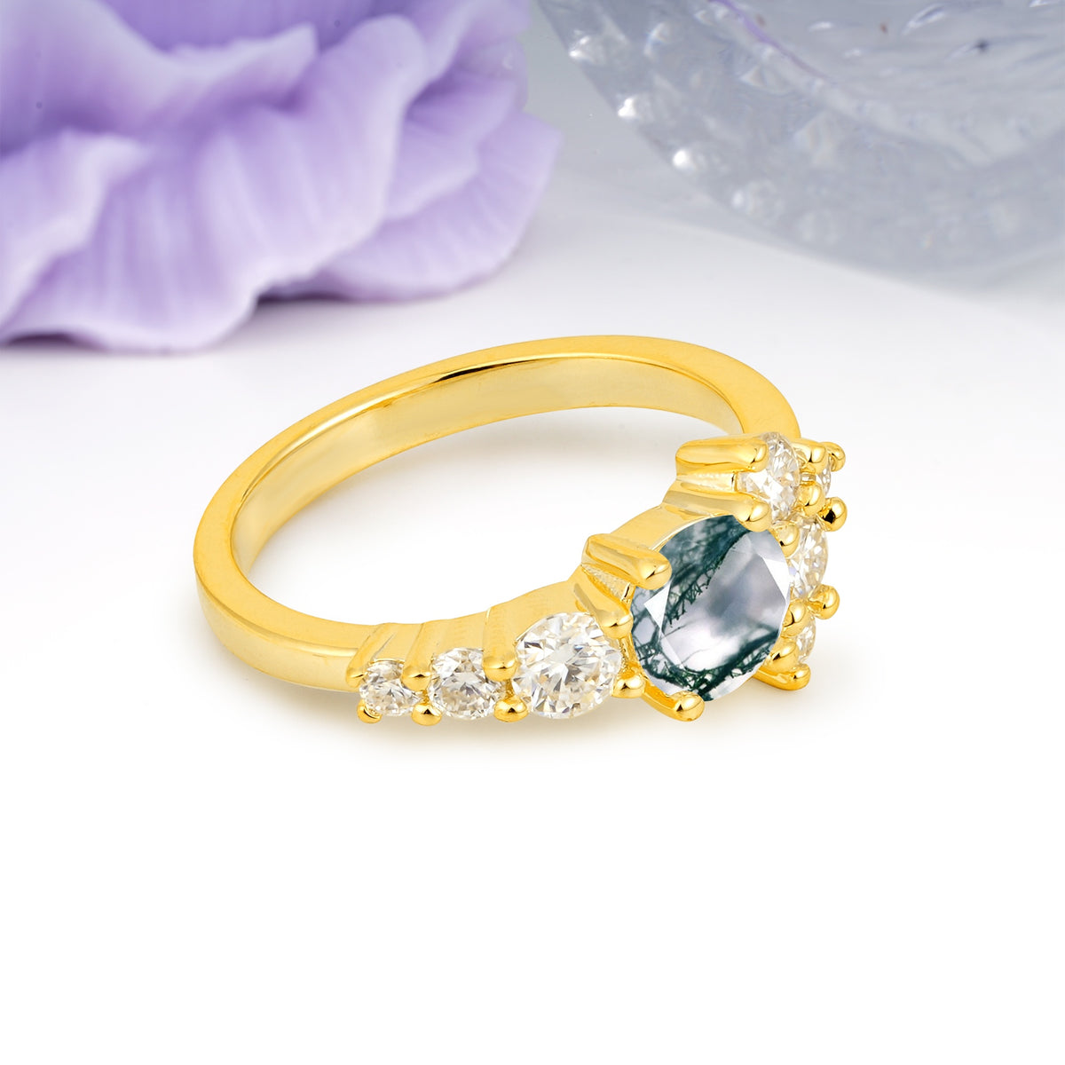 Unique and Luxurious 4-Prong Round Cut Moss Agate Engagement Ring - Additional view