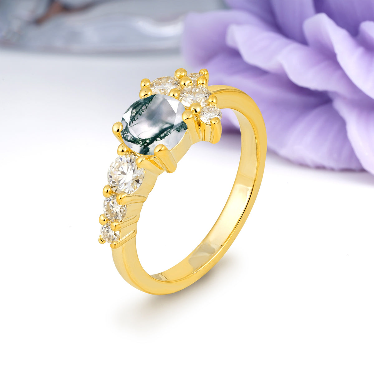 Unique and Luxurious 4-Prong Round Cut Moss Agate Engagement Ring - Additional view