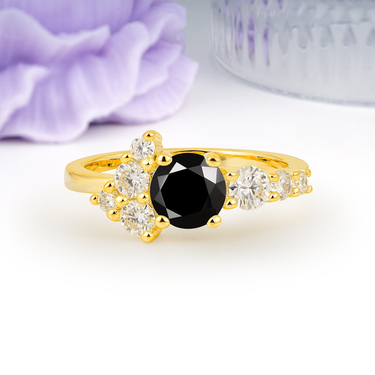 Unique and Luxurious 4-Prong Round Cut Black Onyx Engagement Ring - Additional view