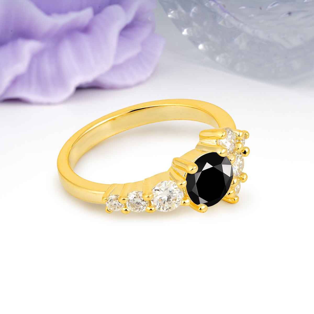 Unique and Luxurious 4-Prong Round Cut Black Onyx Engagement Ring - Additional view