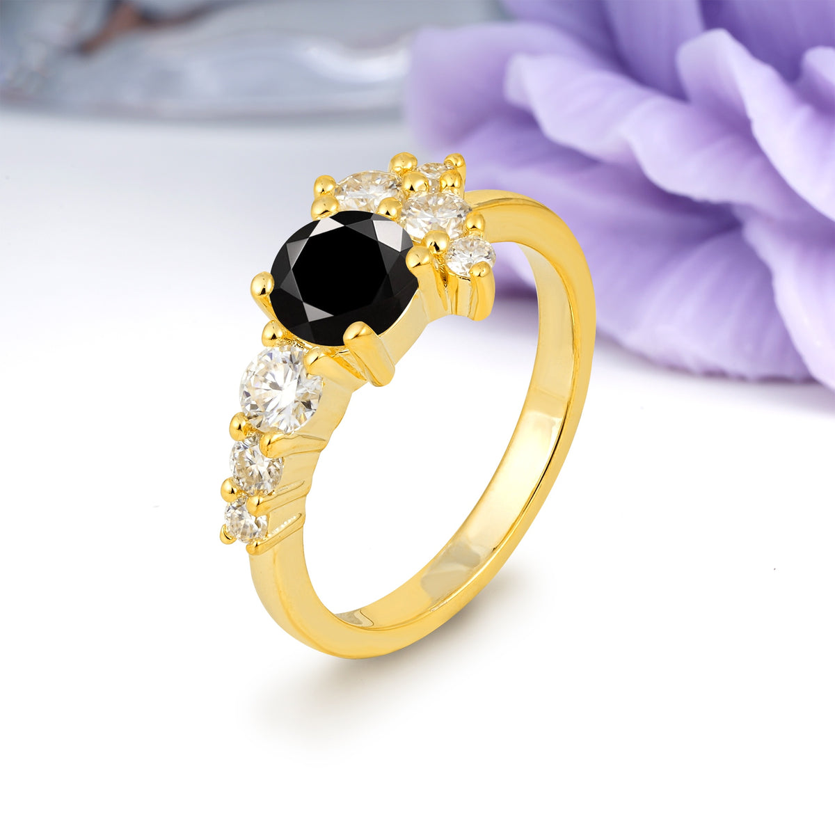 Unique and Luxurious 4-Prong Round Cut Black Onyx Engagement Ring - Additional view