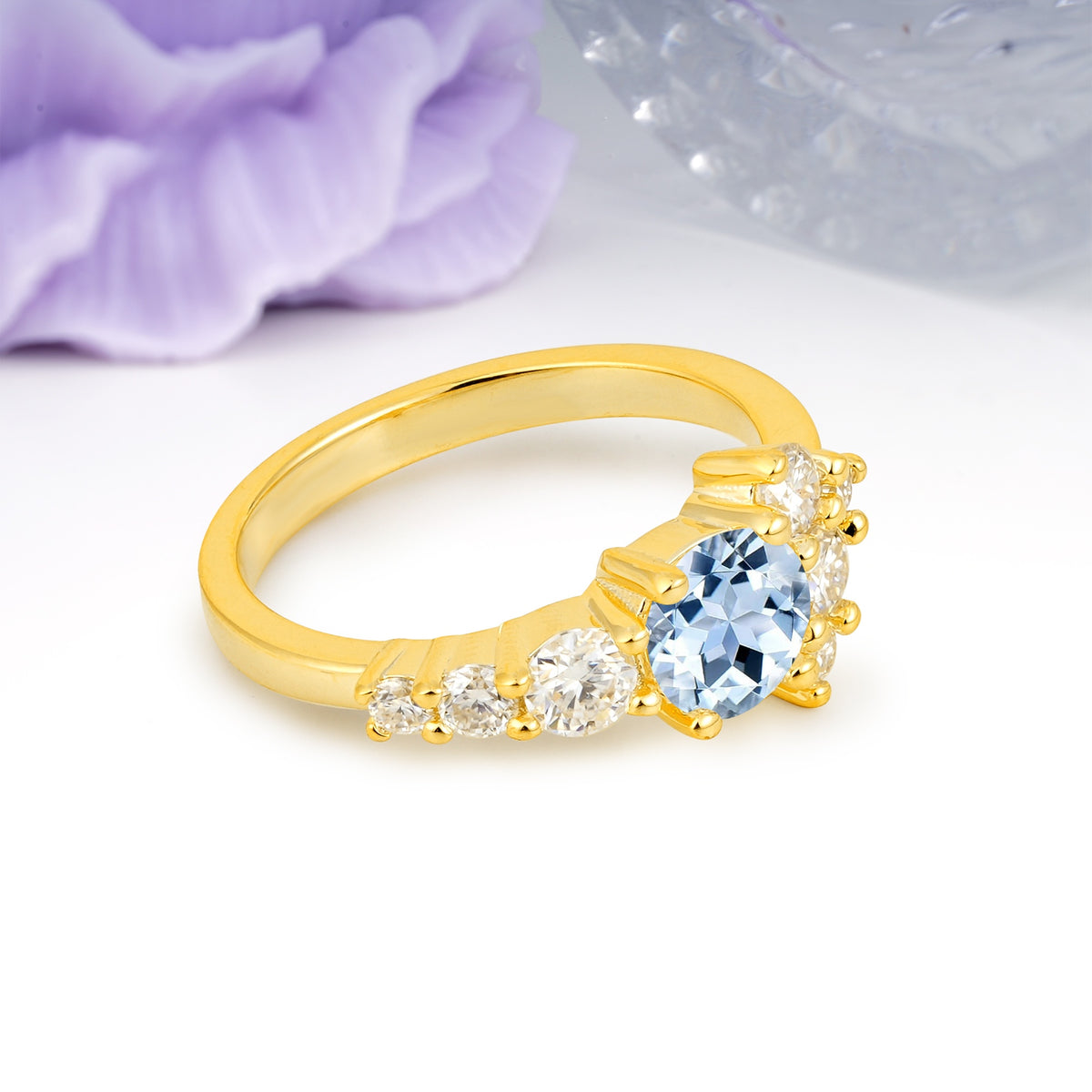 Unique and Luxurious 4-Prong Round Cut Aquamarine Engagement Ring - Additional view