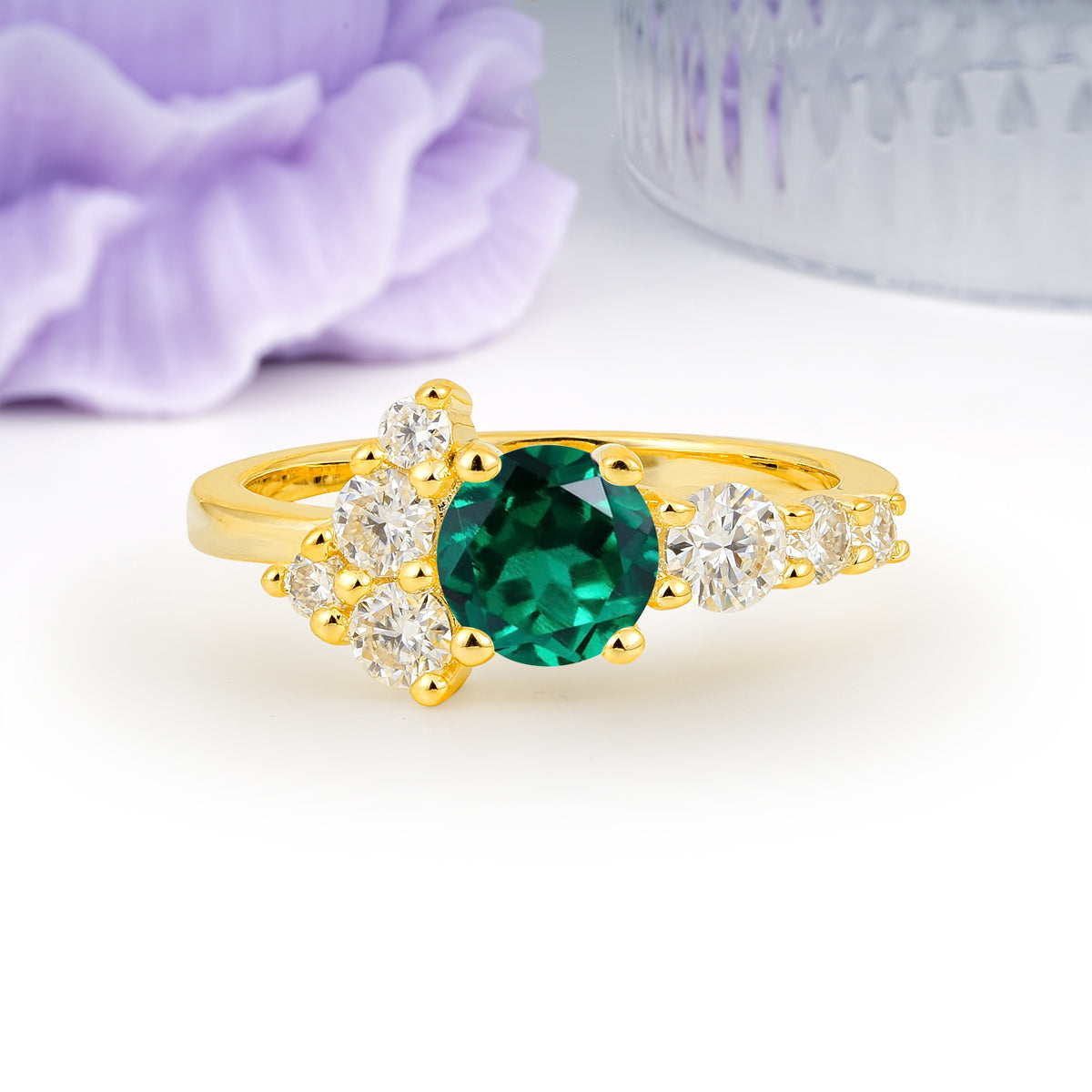 Unique and Luxurious 4-Prong Round Cut Emerald Engagement Ring - Additional view