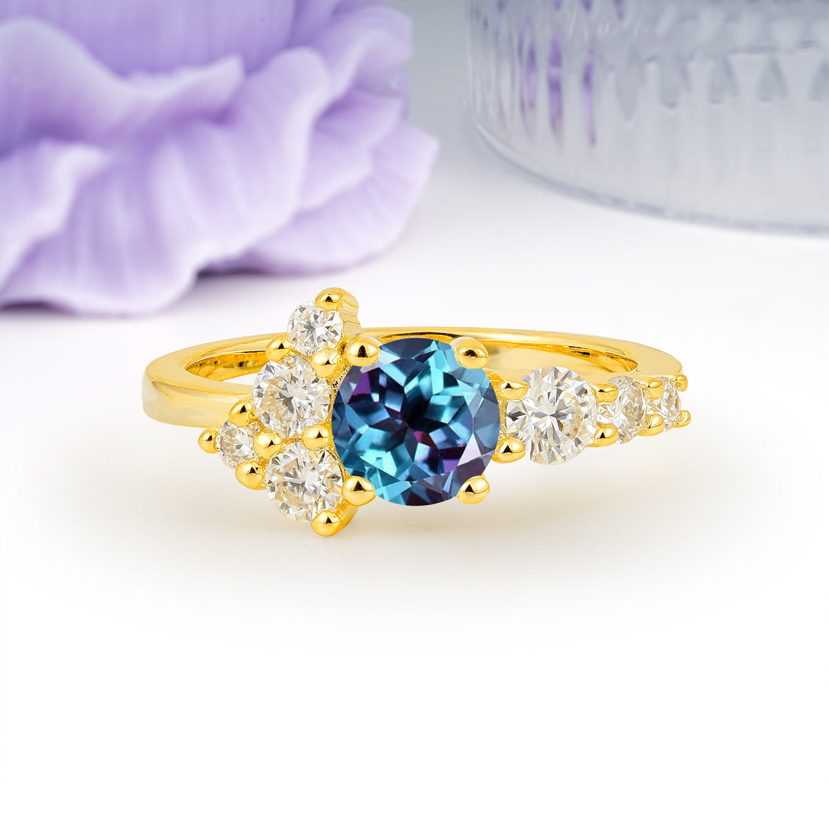 Unique and Luxurious 4-Prong Round Cut Alexandrite Engagement Ring - Additional view