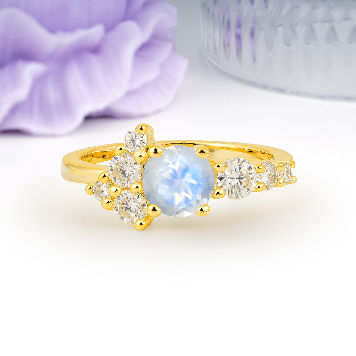 Unique and Luxurious 4-Prong Round Cut Moonstone Engagement Ring - Additional view