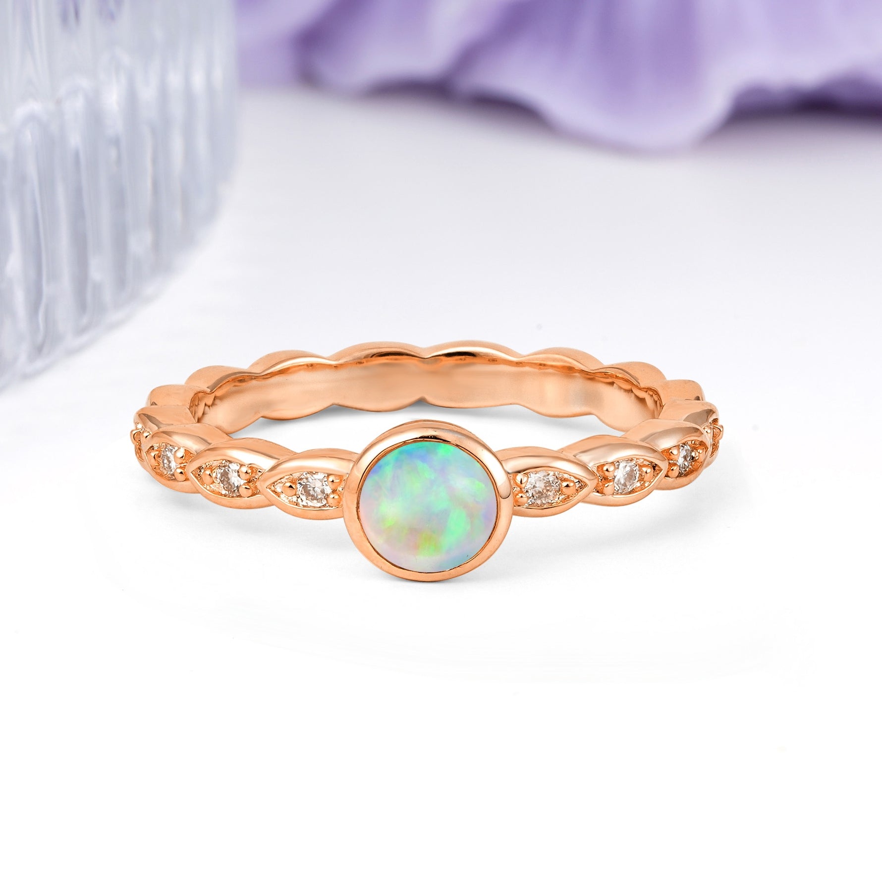 Classic & Minimalist Flush-Set Round-Cut Fire Opal Engagement Ring - Additional view