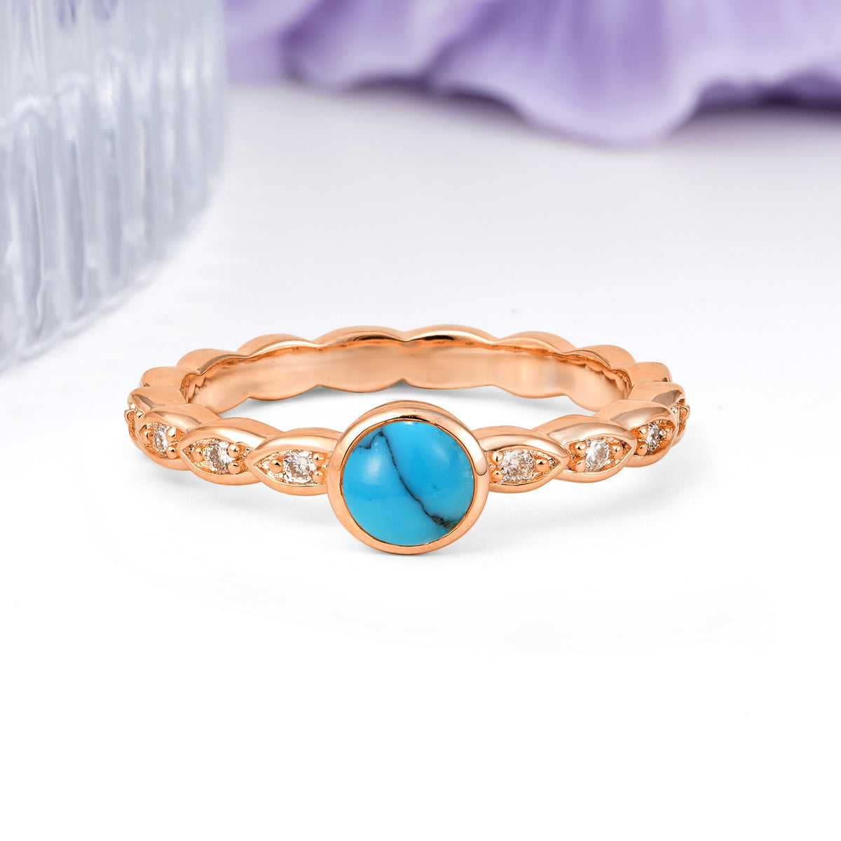 Classic & Minimalist Flush-Set Round-Cut Turquoise Engagement Ring - Additional view