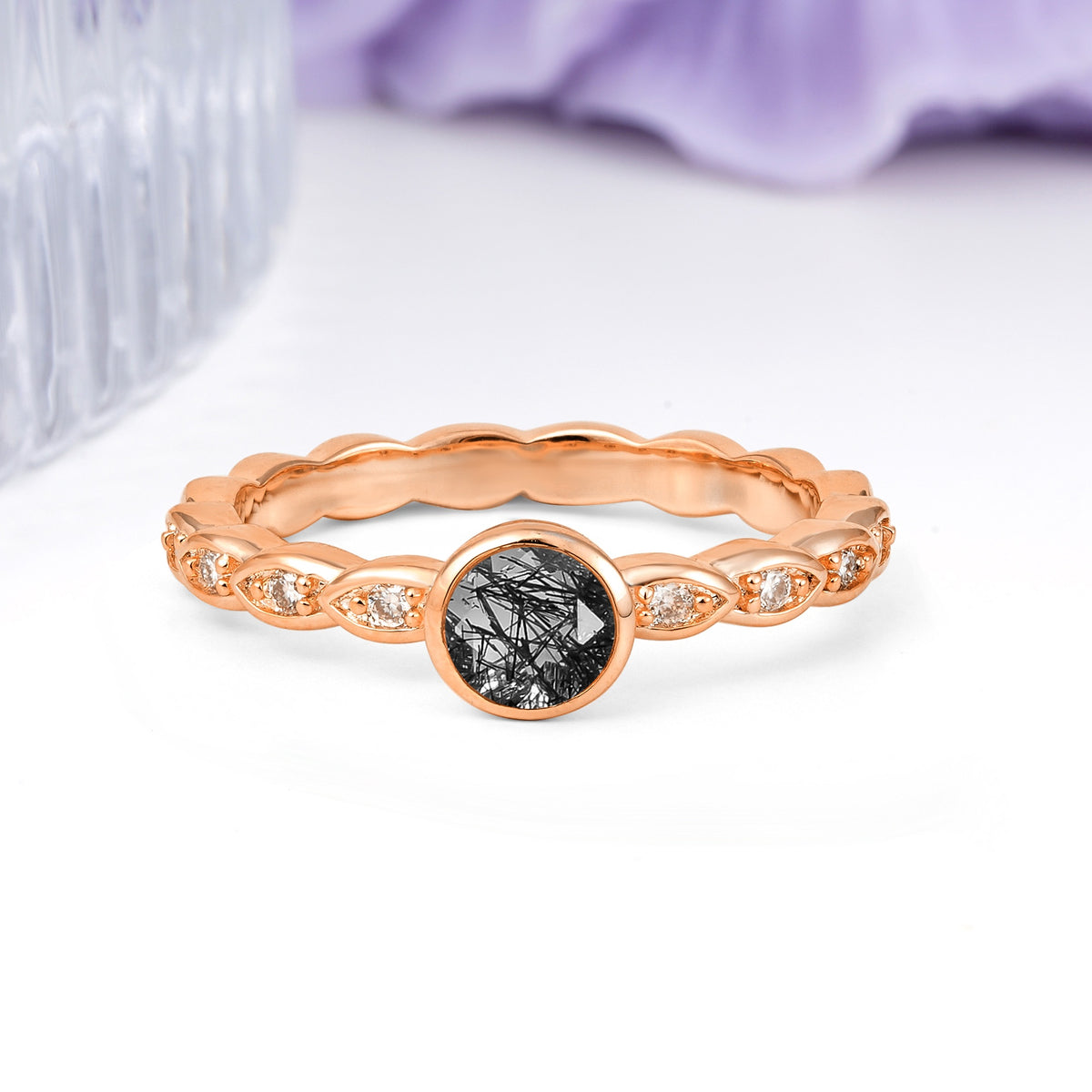 Classic & Minimalist Flush-Set Round-Cut Black Rutilated Quartz Engagement Ring - Additional view