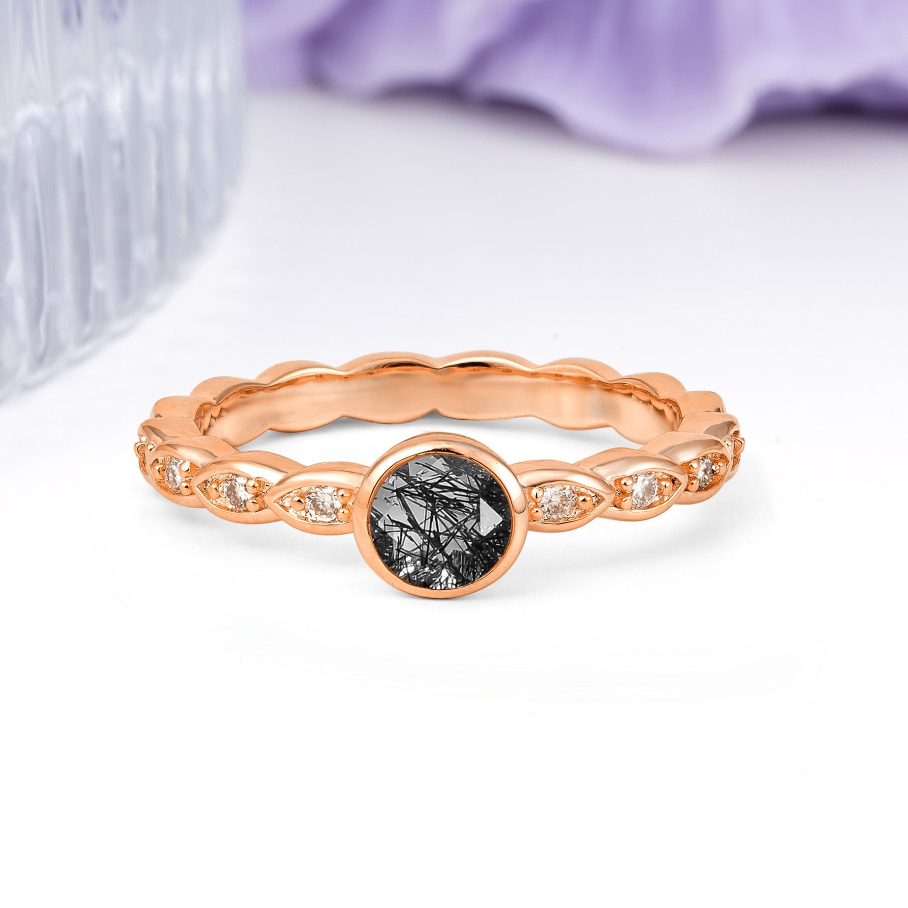 Classic & Minimalist Flush-Set Round-Cut Black Rutilated Quartz Engagement Ring - Additional view