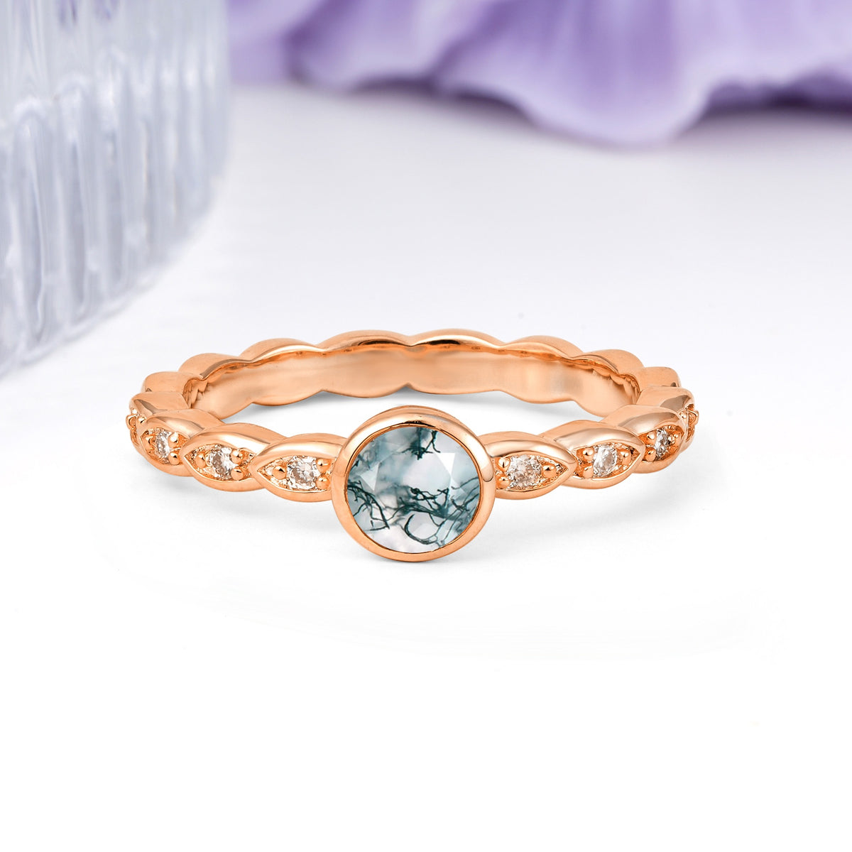Classic & Minimalist Flush-Set Round-Cut Moss Agate Engagement Ring - Additional view