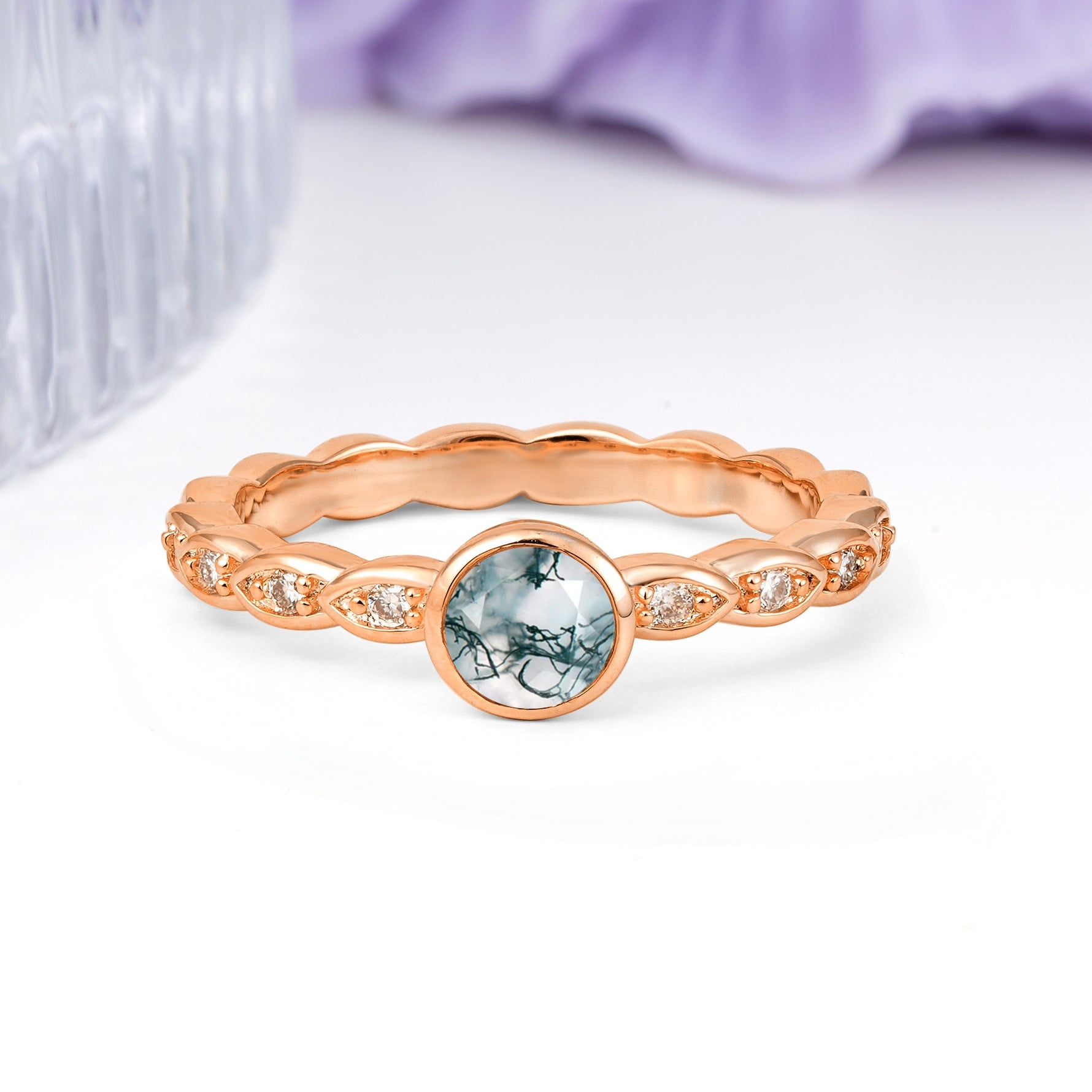 Classic & Minimalist Flush-Set Round-Cut Moss Agate Engagement Ring - Additional view