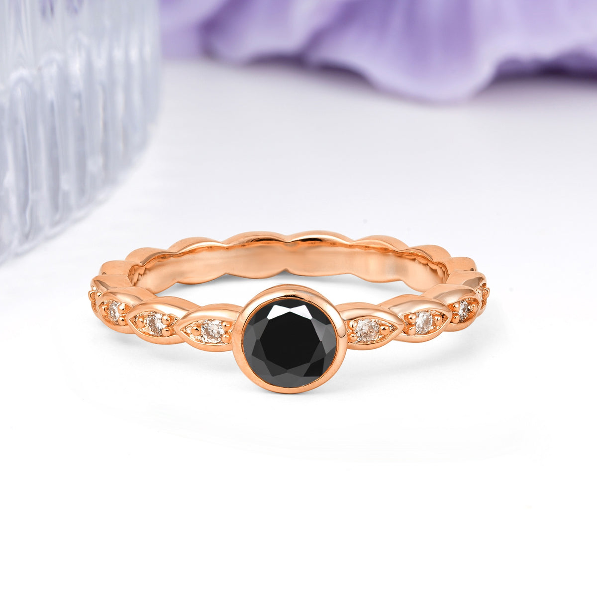 Classic & Minimalist Flush-Set Round-Cut Black Onyx Engagement Ring - Additional view
