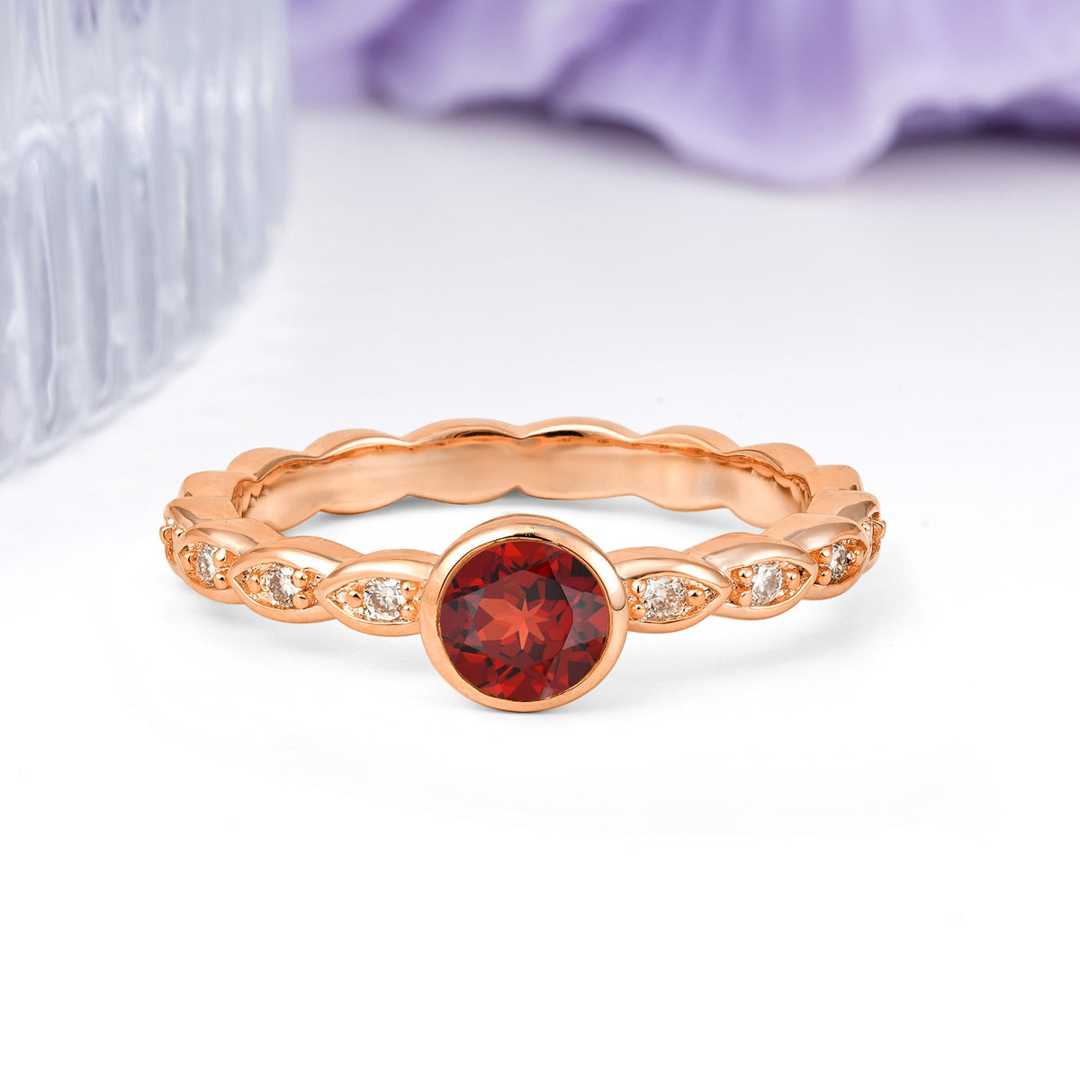 Classic & Minimalist Flush-Set Round-Cut Garnet Engagement Ring - Additional view