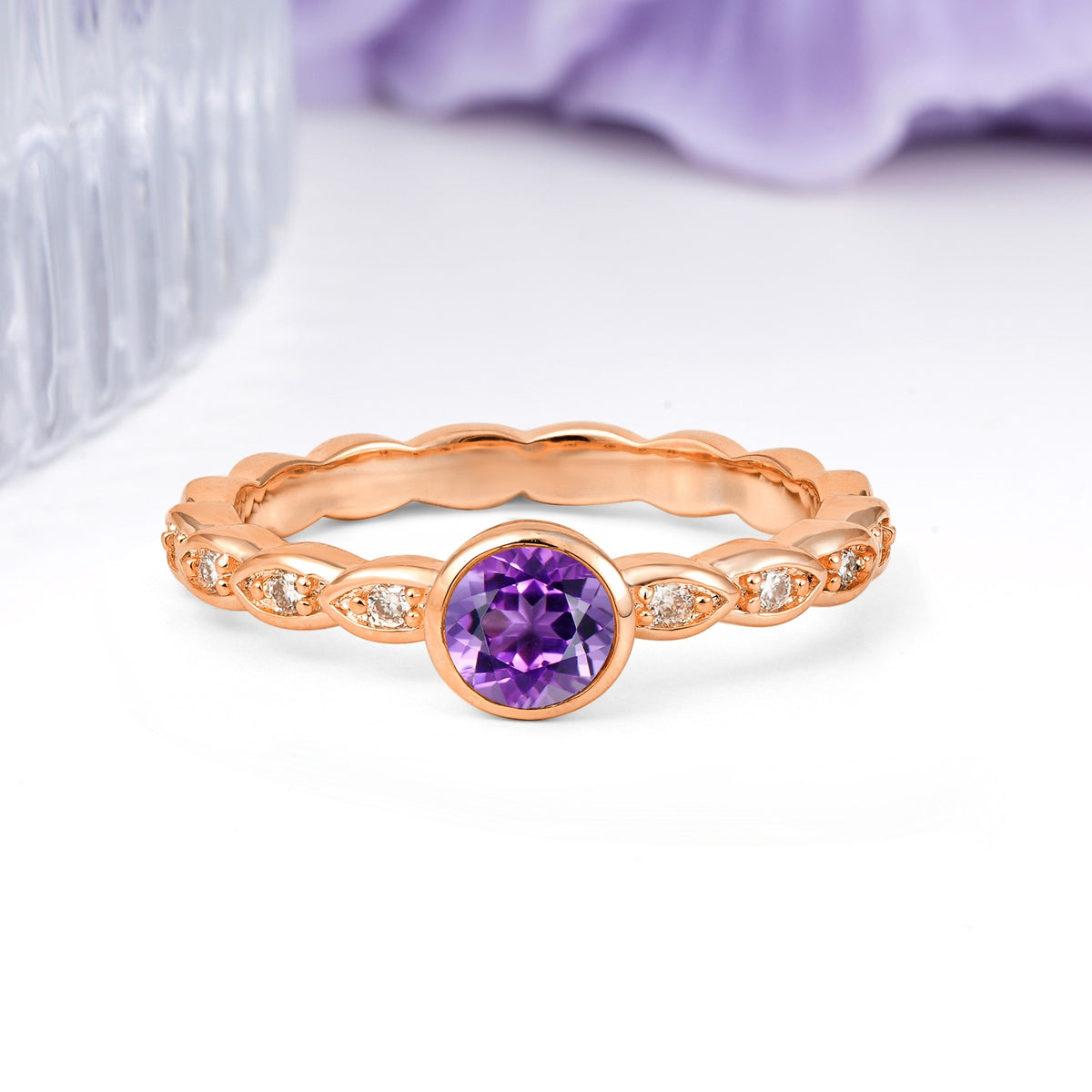 Classic & Minimalist Flush-Set Round-Cut Amethyst Engagement Ring - Additional view
