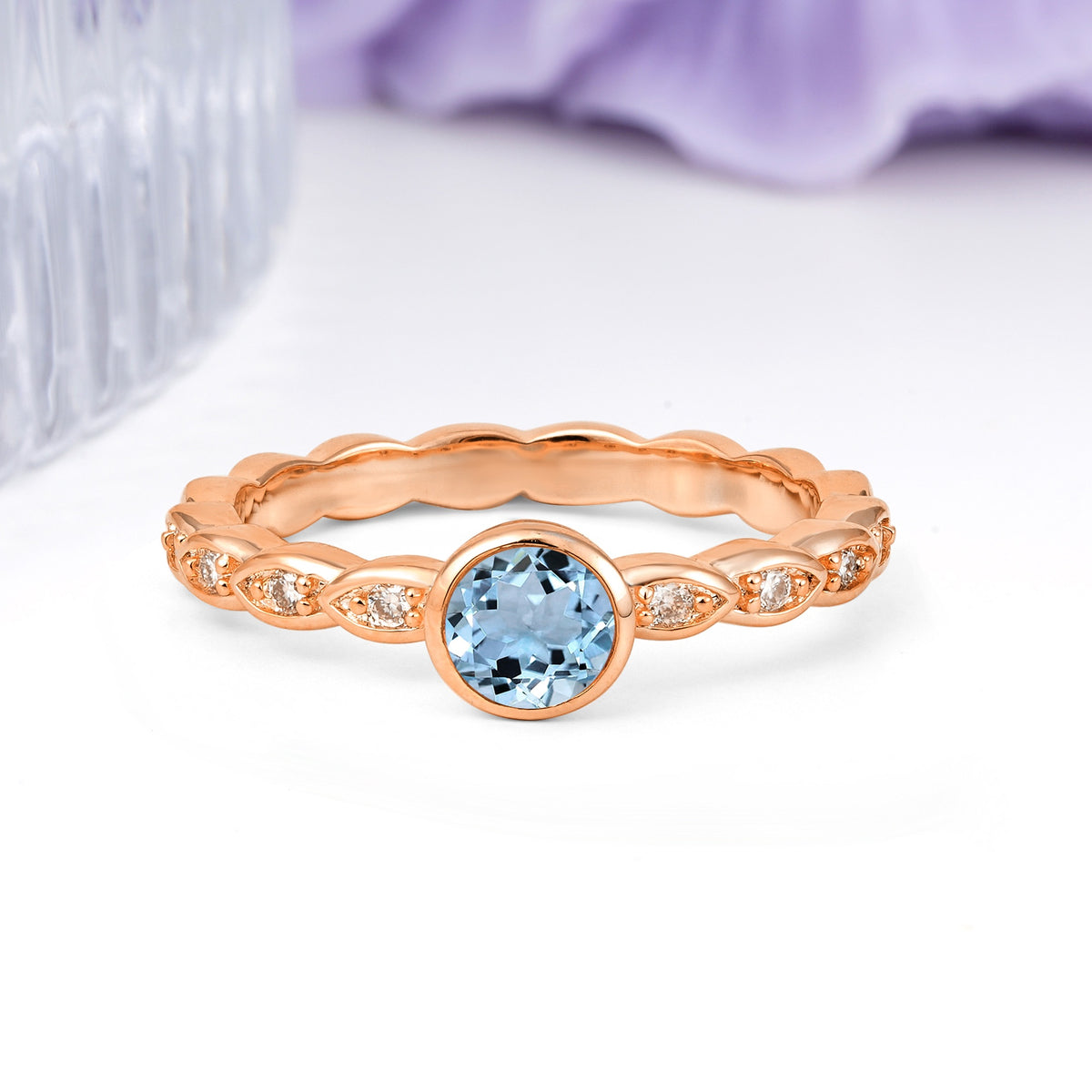 Classic & Minimalist Flush-Set Round-Cut Aquamarine Engagement Ring - Additional view
