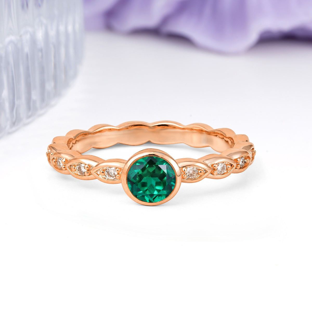 Classic & Minimalist Flush-Set Round-Cut Emerald Engagement Ring - Additional view