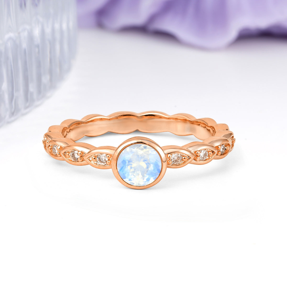 Classic & Minimalist Flush-Set Round-Cut Moonstone Engagement Ring - Additional view