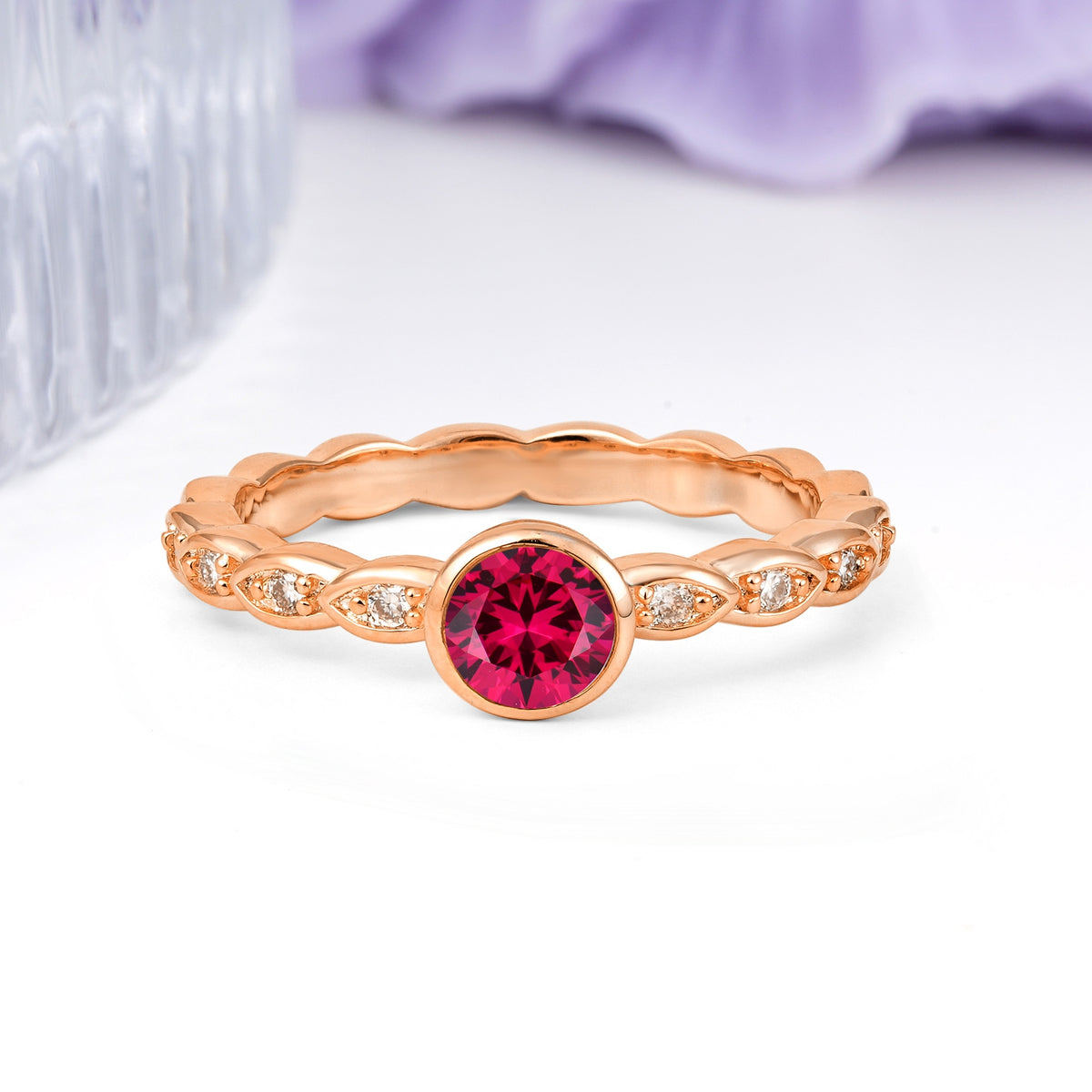 Classic & Minimalist Flush-Set Round-Cut Ruby Engagement Ring - Additional view