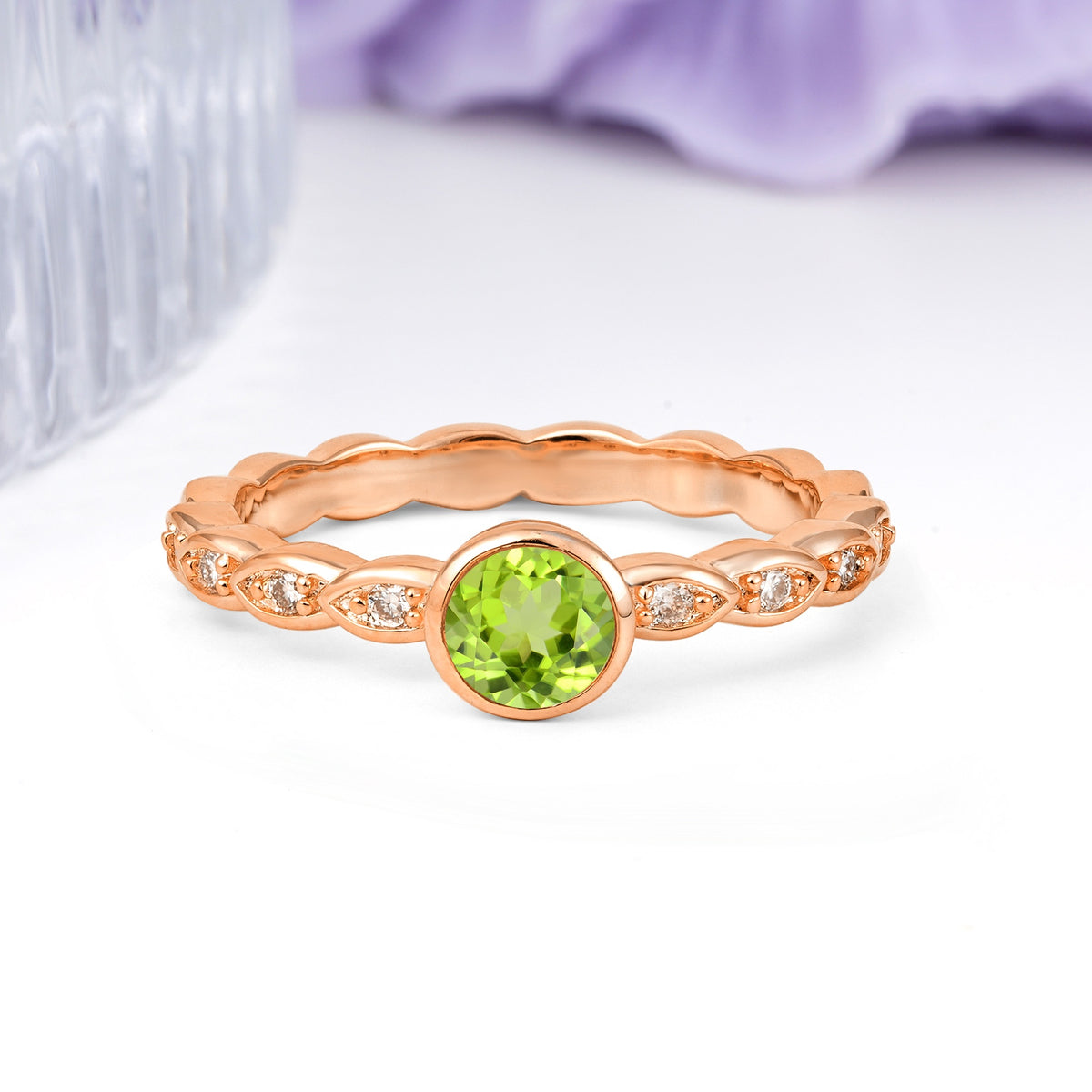 Classic & Minimalist Flush-Set Round-Cut Peridot Engagement Ring - Additional view