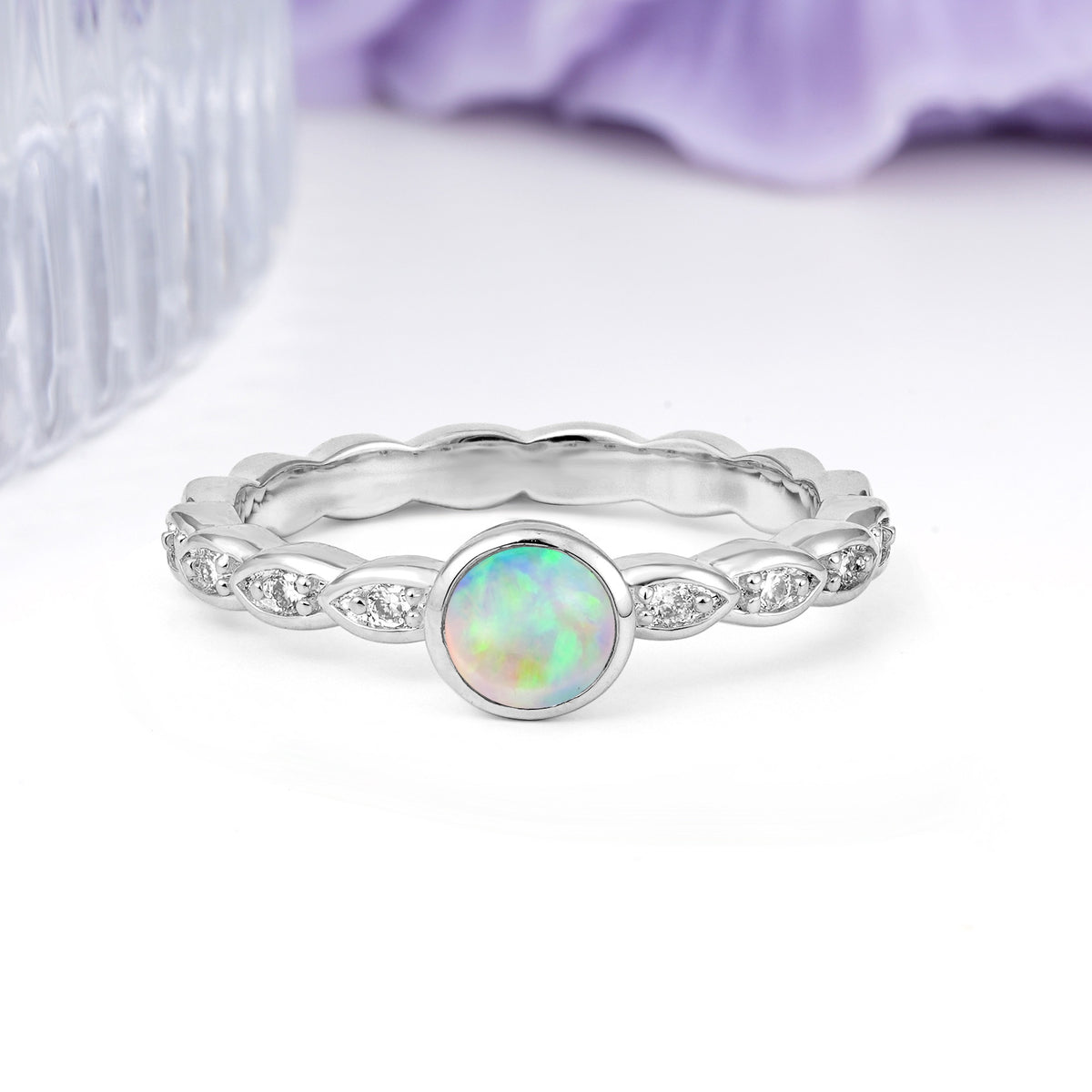 Classic & Minimalist Flush-Set Round-Cut Fire Opal Engagement Ring - Additional view