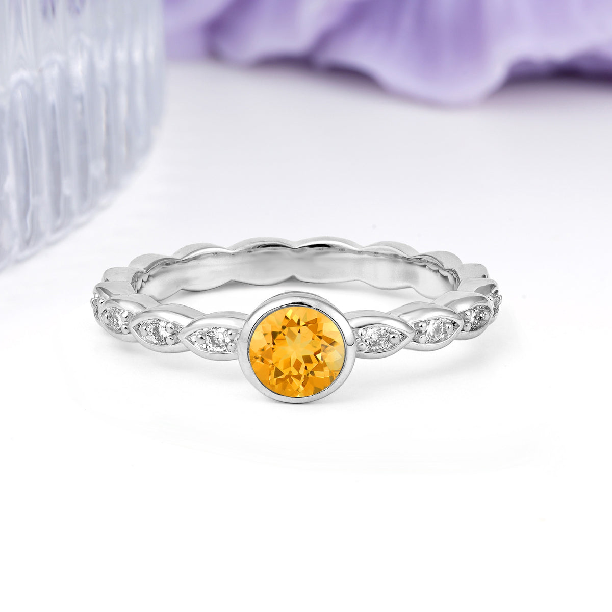 Classic & Minimalist Flush-Set Round-Cut Citrine Engagement Ring - Additional view