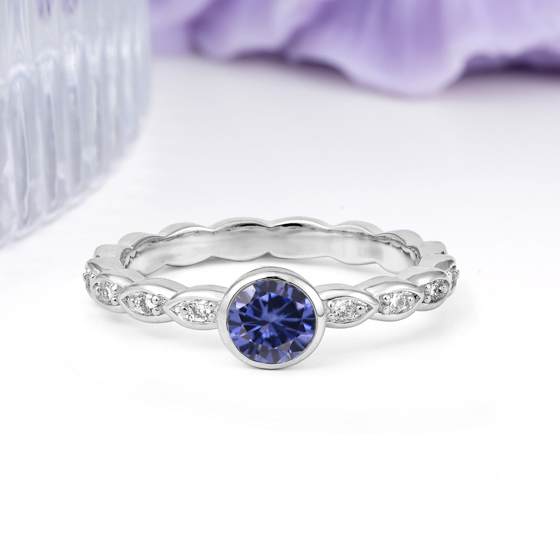 Classic & Minimalist Flush-Set Round-Cut Tanzanite Engagement Ring - Additional view