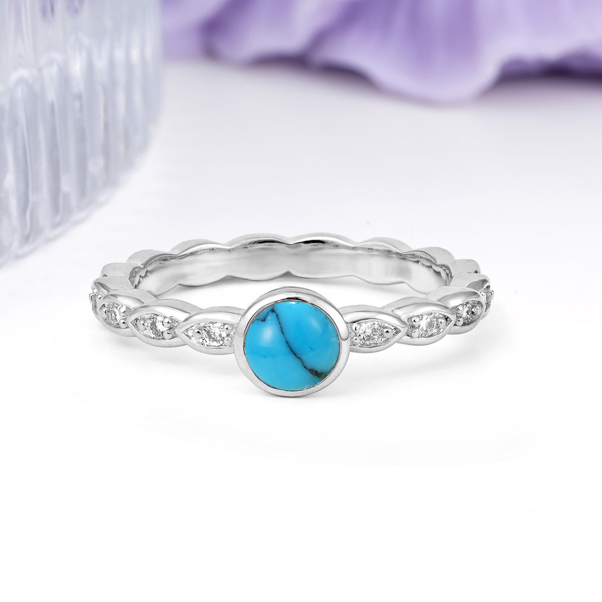 Classic & Minimalist Flush-Set Round-Cut Turquoise Engagement Ring - Additional view