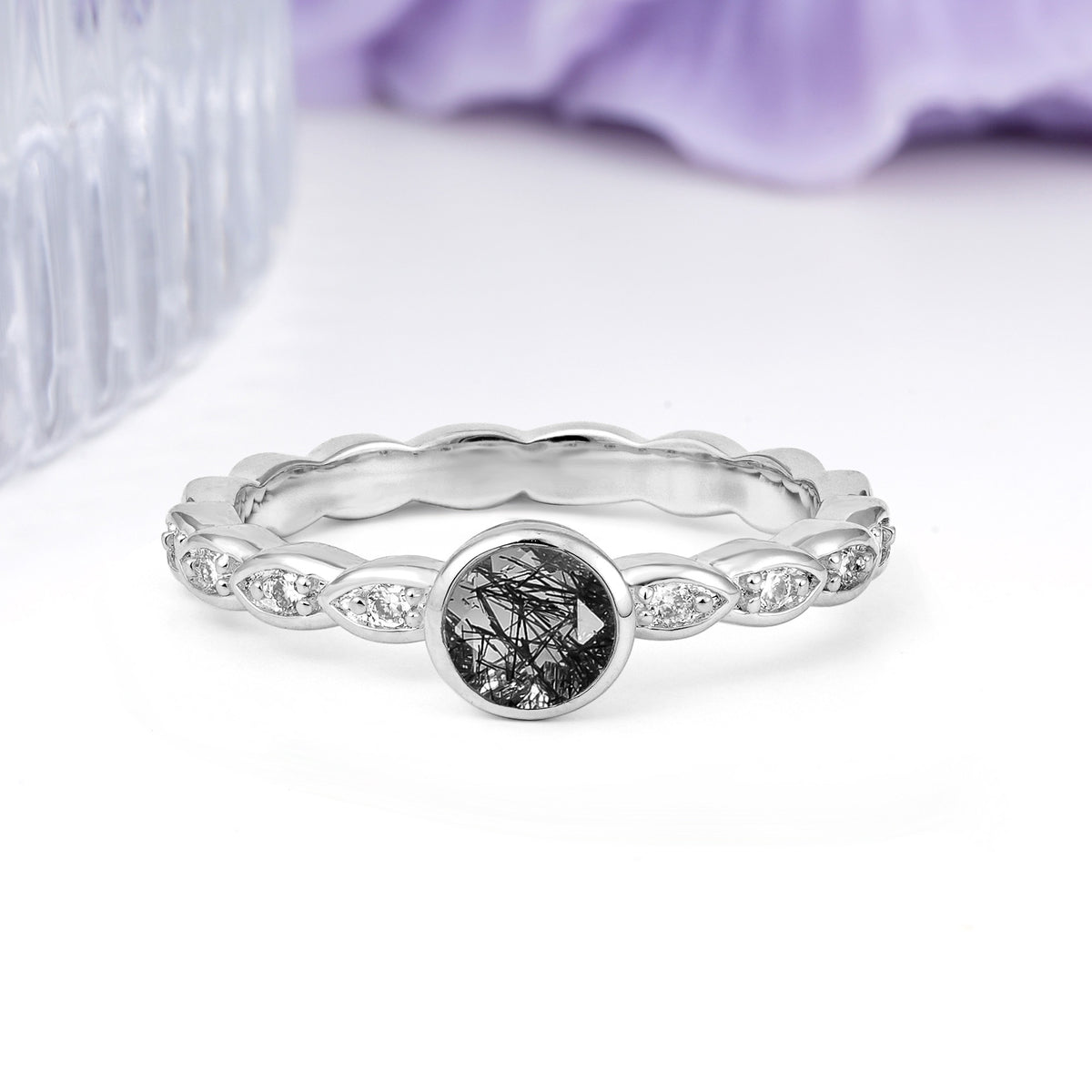 Classic & Minimalist Flush-Set Round-Cut Black Rutilated Quartz Engagement Ring - Additional view