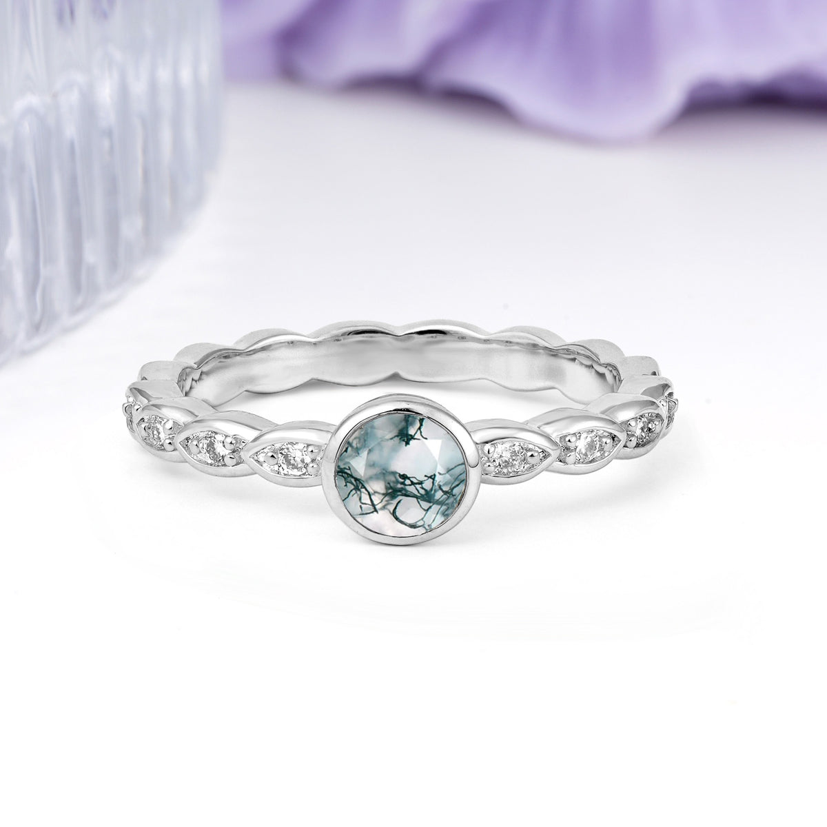 Classic & Minimalist Flush-Set Round-Cut Moss Agate Engagement Ring - Additional view