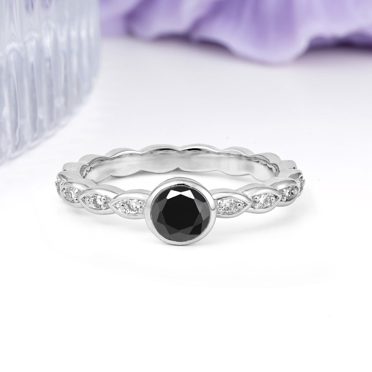 Classic & Minimalist Flush-Set Round-Cut Black Onyx Engagement Ring - Additional view