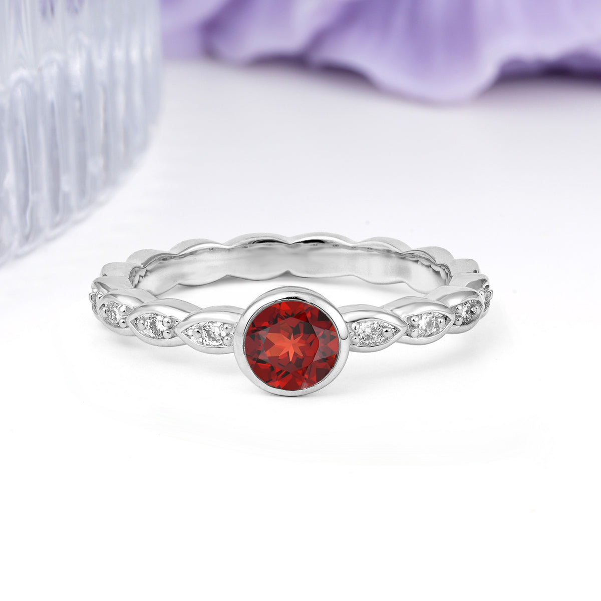 Classic & Minimalist Flush-Set Round-Cut Garnet Engagement Ring - Additional view
