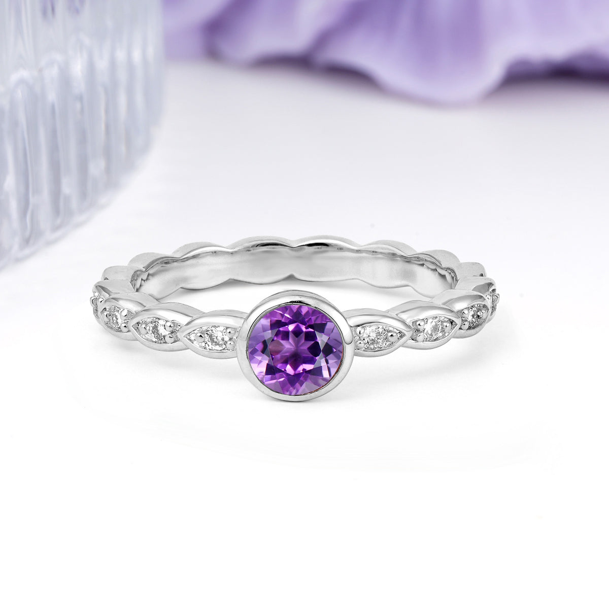 Classic & Minimalist Flush-Set Round-Cut Amethyst Engagement Ring - Additional view
