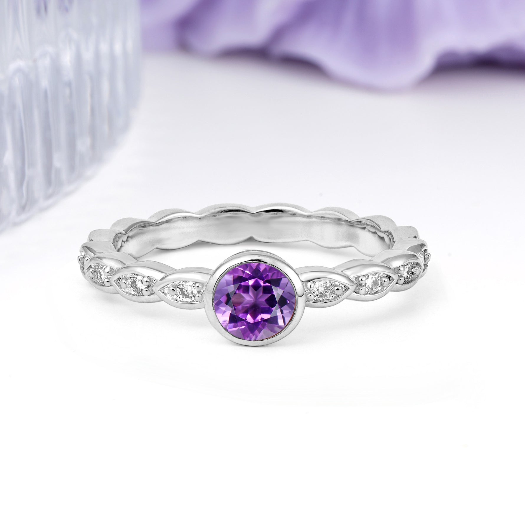 Classic & Minimalist Flush-Set Round-Cut Amethyst Engagement Ring - Additional view