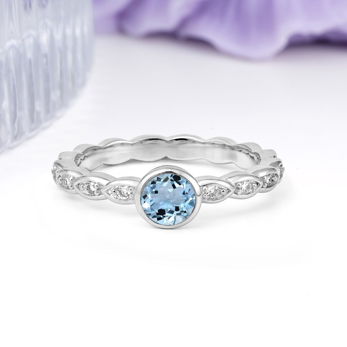 Classic & Minimalist Flush-Set Round-Cut Aquamarine Engagement Ring - Additional view