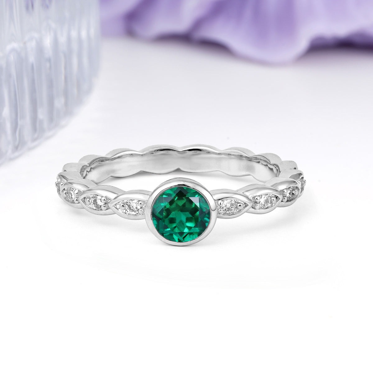 Classic & Minimalist Flush-Set Round-Cut Emerald Engagement Ring - Additional view