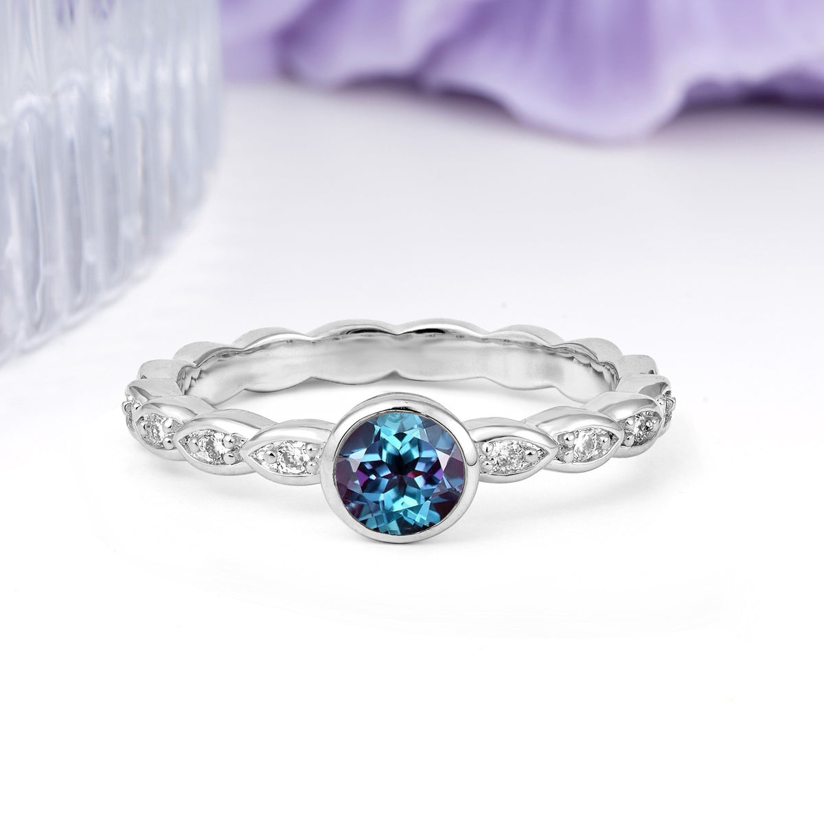 Classic & Minimalist Flush-Set Round-Cut Alexandrite Engagement Ring - Additional view