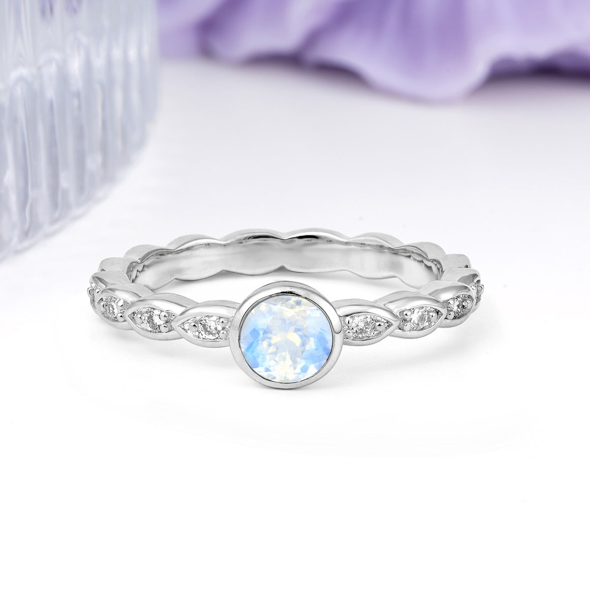 Classic & Minimalist Flush-Set Round-Cut Moonstone Engagement Ring - Additional view