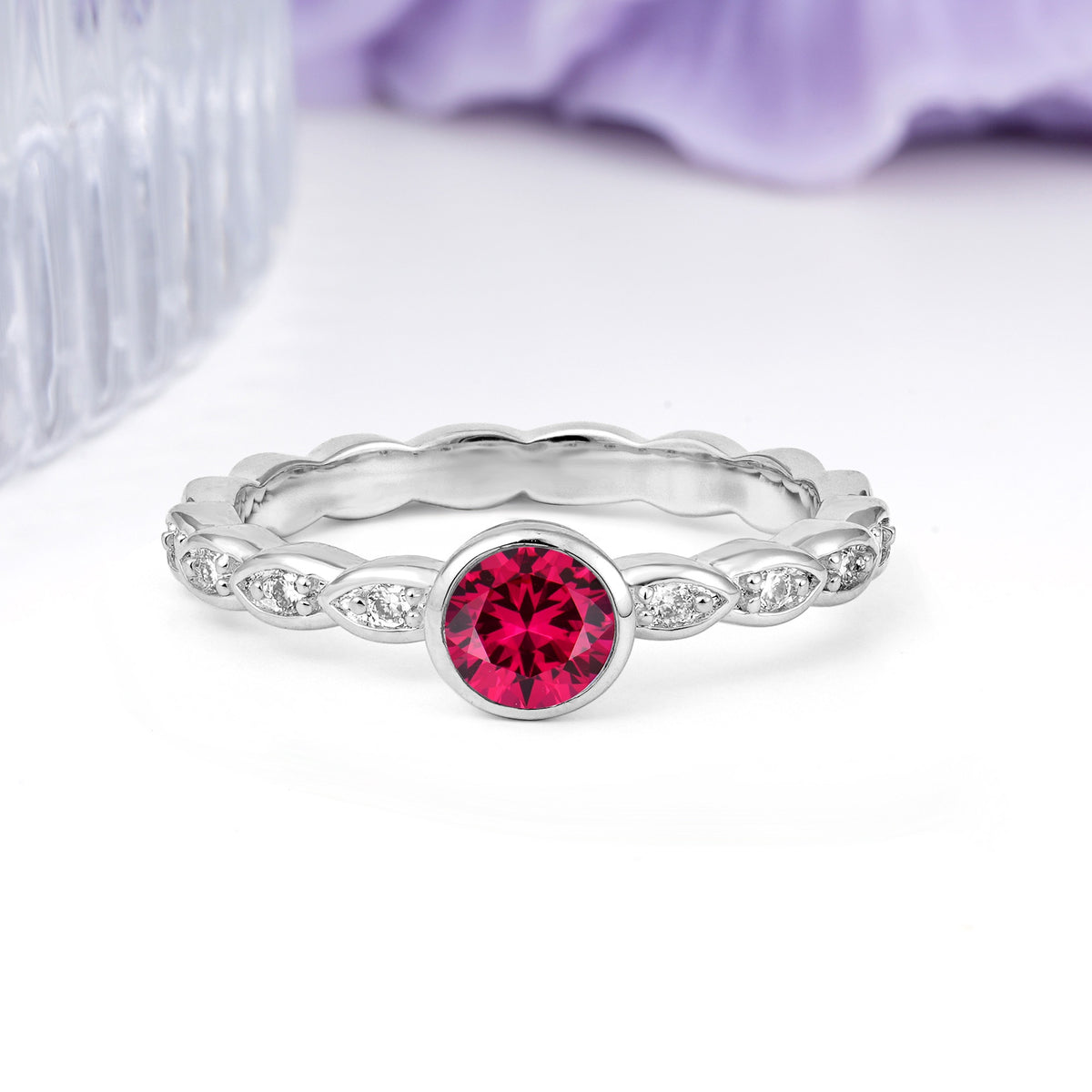 Classic & Minimalist Flush-Set Round-Cut Ruby Engagement Ring - Additional view