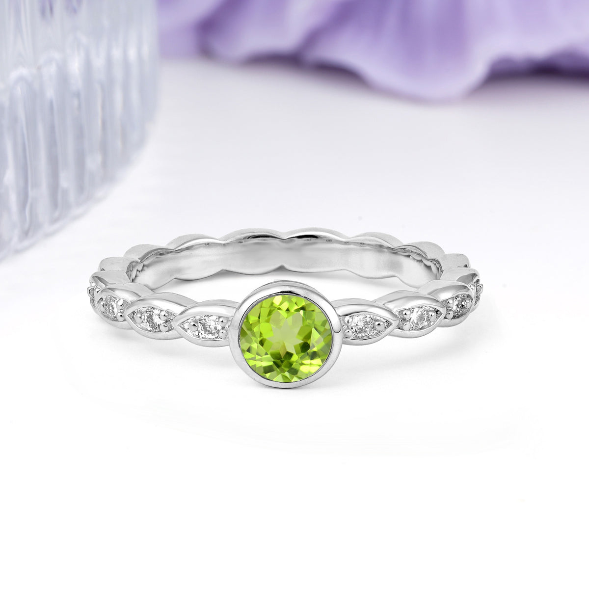 Classic & Minimalist Flush-Set Round-Cut Peridot Engagement Ring - Additional view