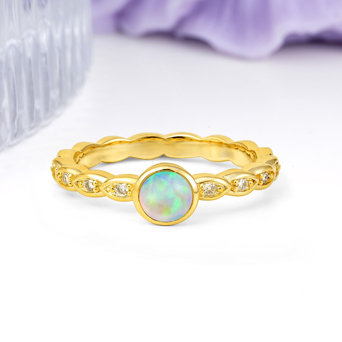 Classic & Minimalist Flush-Set Round-Cut Fire Opal Engagement Ring - Additional view
