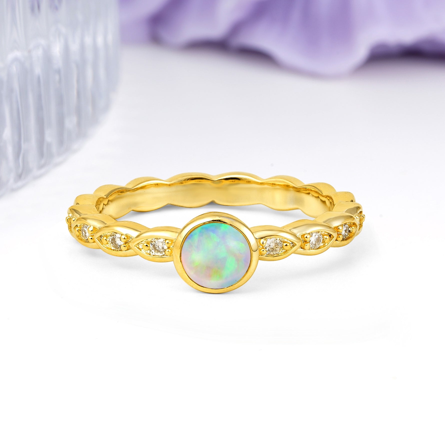 Classic & Minimalist Flush-Set Round-Cut Fire Opal Engagement Ring - Additional view