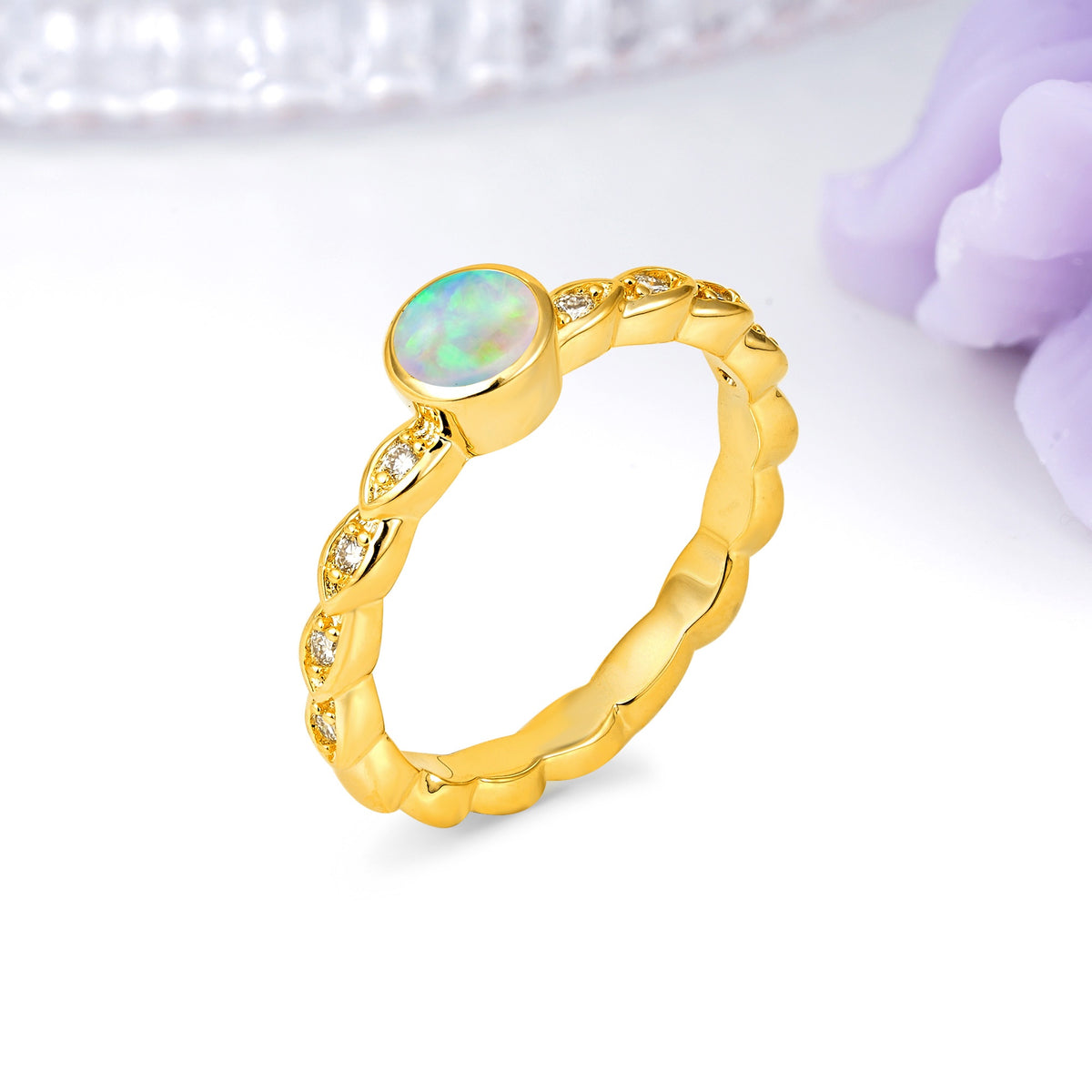 Classic & Minimalist Flush-Set Round-Cut Fire Opal Engagement Ring - Additional view
