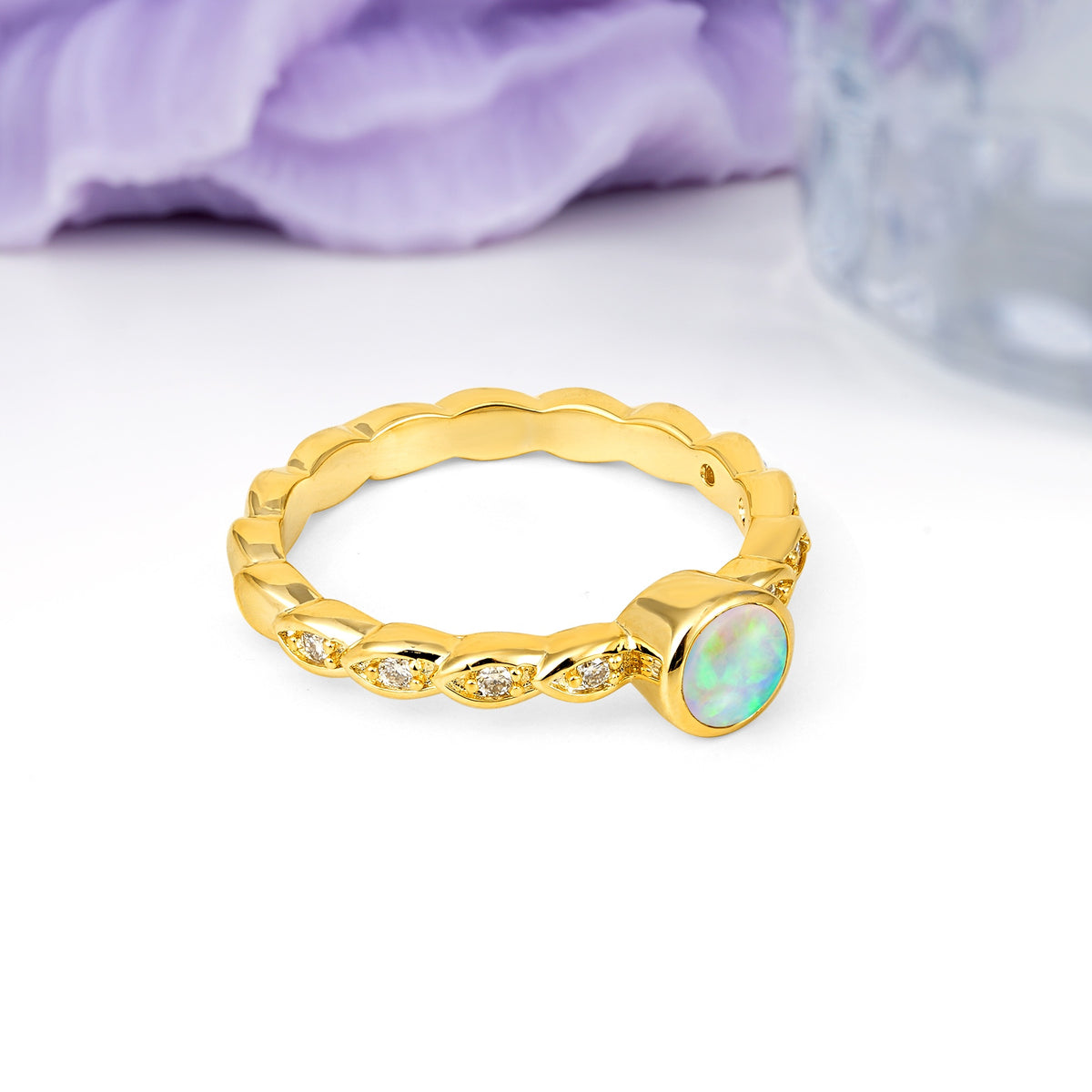 Classic & Minimalist Flush-Set Round-Cut Fire Opal Engagement Ring - Additional view