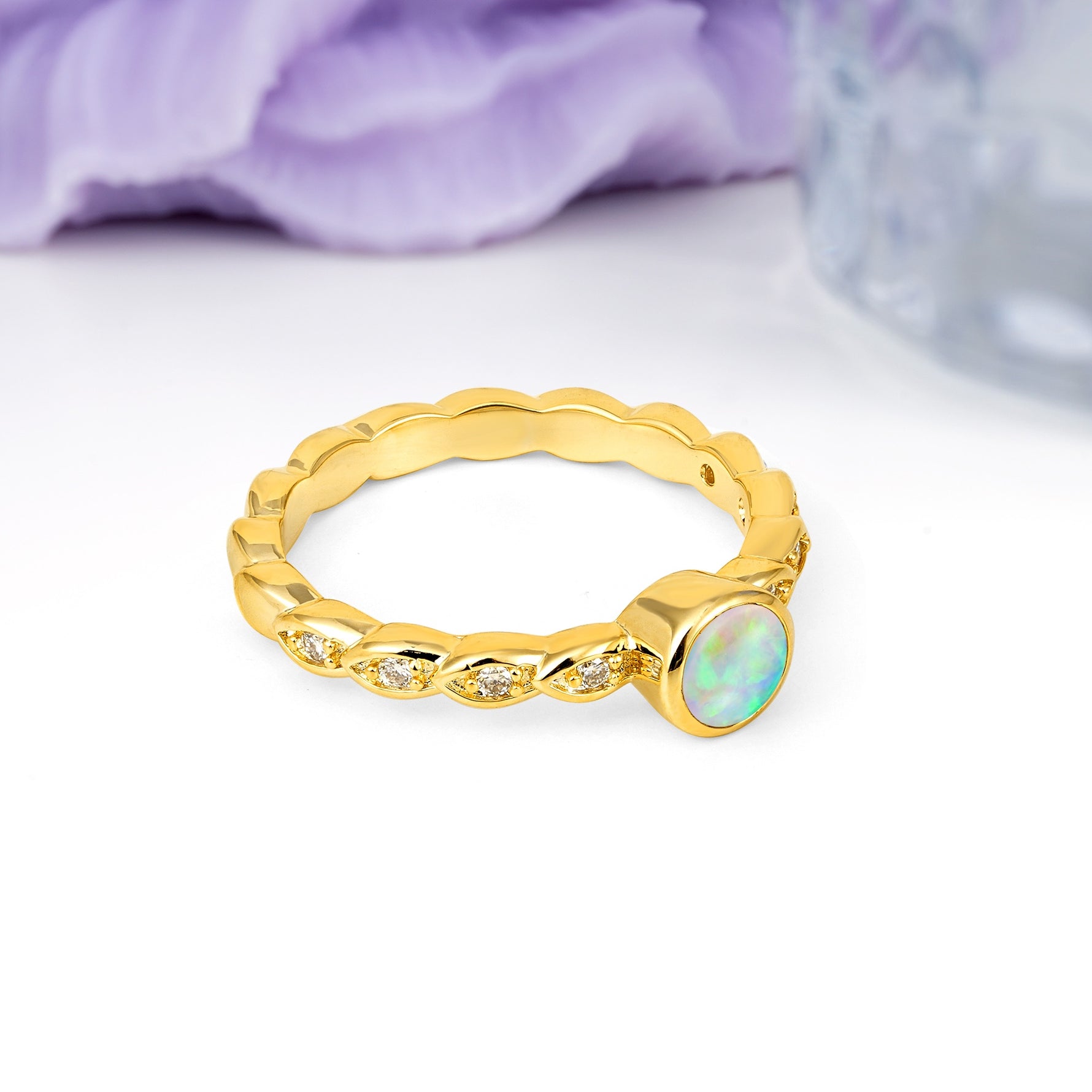 Classic & Minimalist Flush-Set Round-Cut Fire Opal Engagement Ring - Additional view