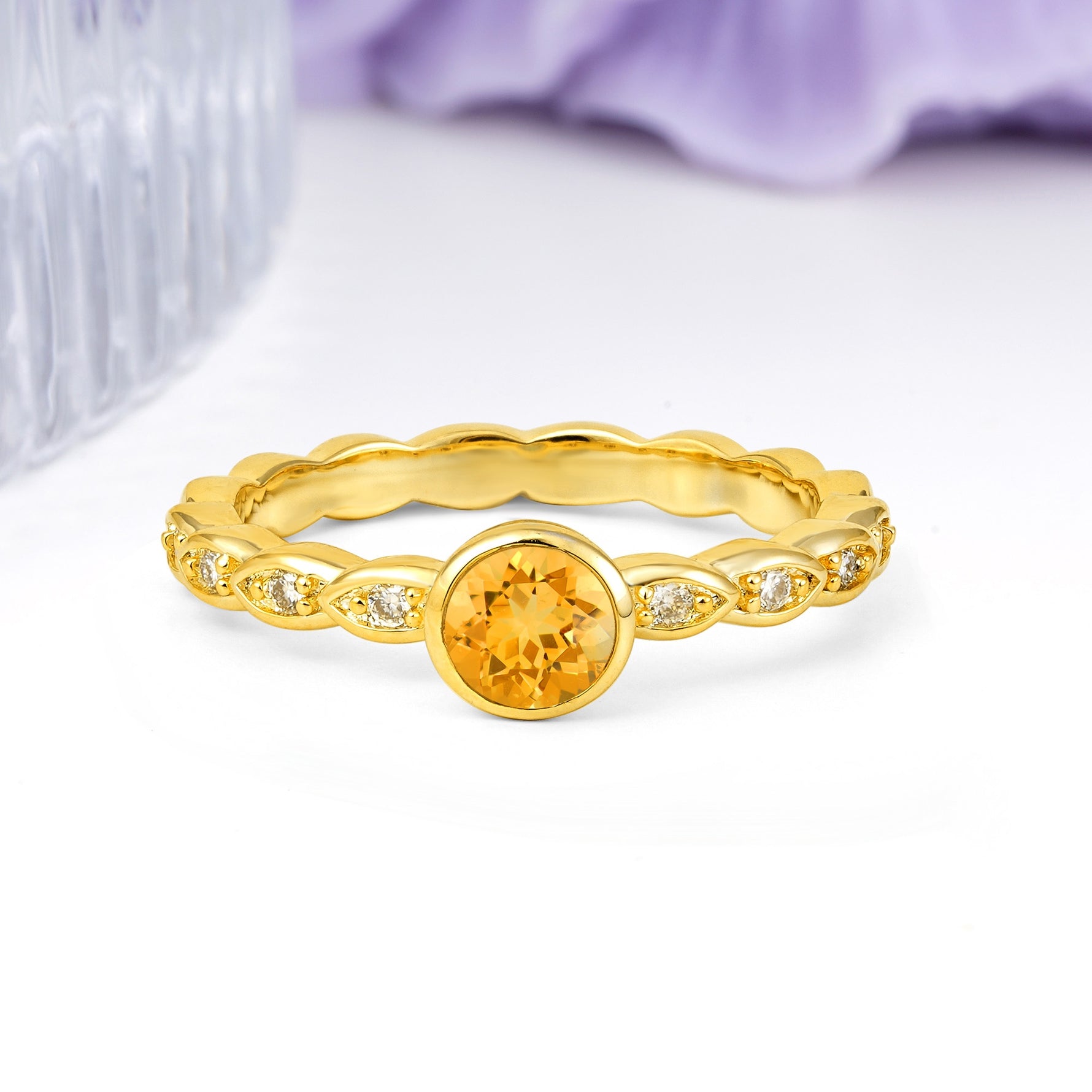 Classic & Minimalist Flush-Set Round-Cut Citrine Engagement Ring - Additional view