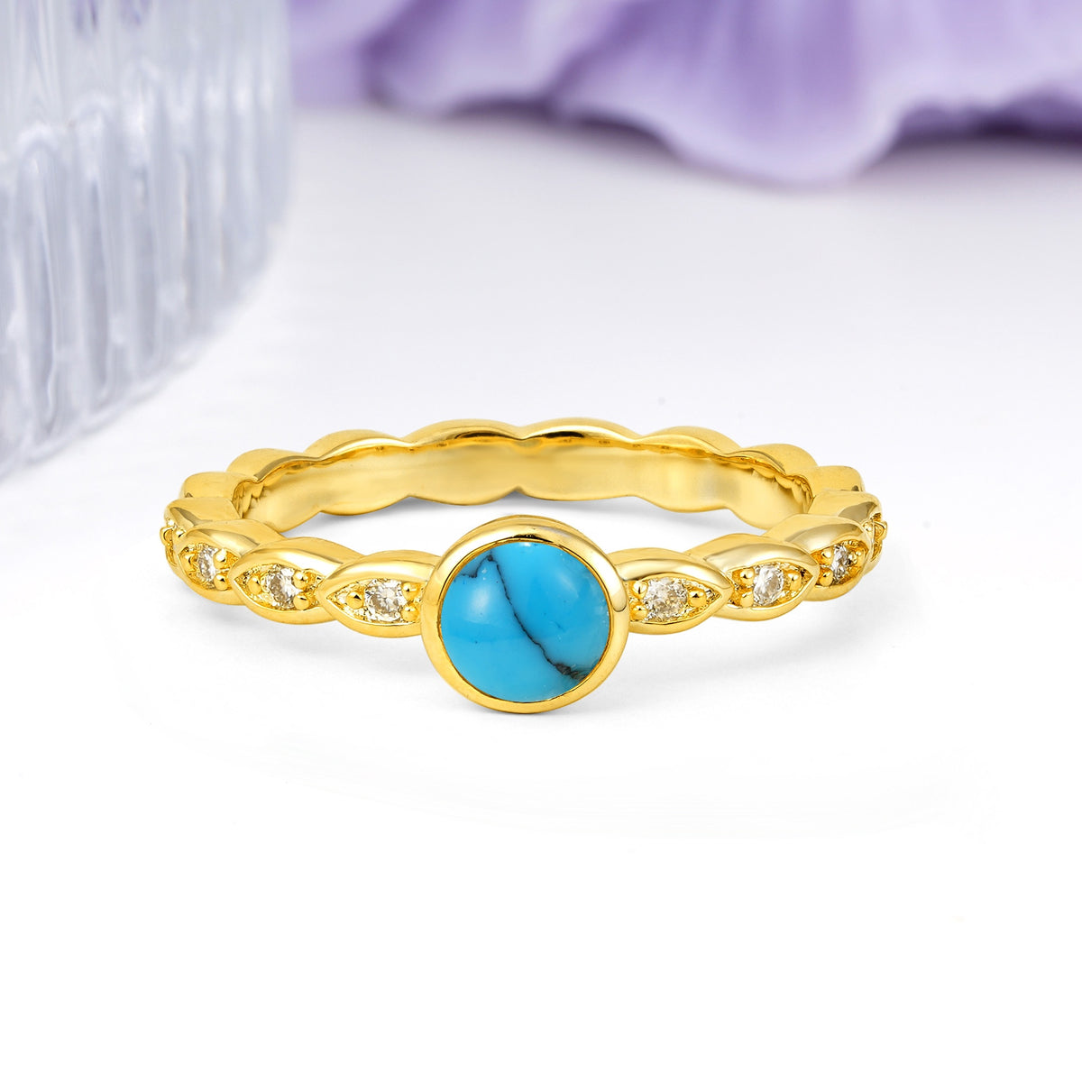 Classic & Minimalist Flush-Set Round-Cut Turquoise Engagement Ring - Additional view
