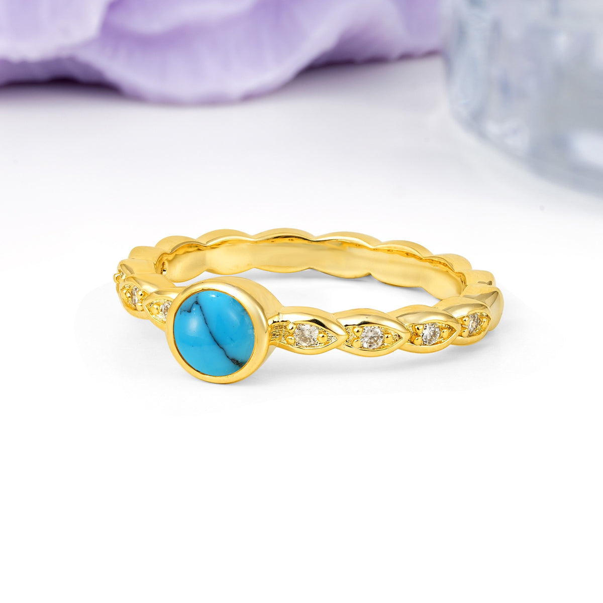 Classic & Minimalist Flush-Set Round-Cut Turquoise Engagement Ring - Additional view