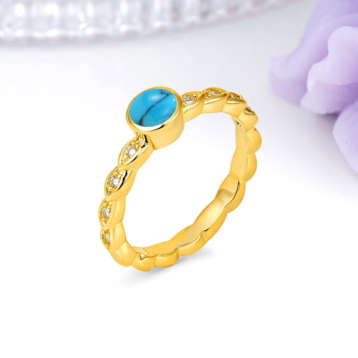 Classic & Minimalist Flush-Set Round-Cut Turquoise Engagement Ring - Additional view